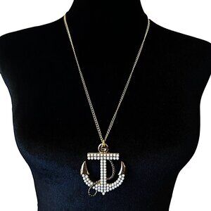 Claires Anchor Pendant Necklace Gold Tone Faux Pearl Encrusted